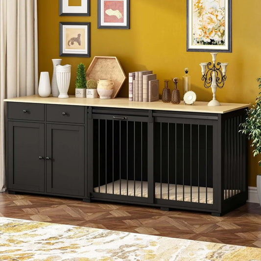 large dog crate funiture with drawers, 78.7" luxury wooden heavy duty dog kennel table furniture with sliding door, indoor dog h