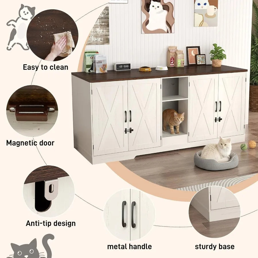76 Inch Large Cat Litter Box Enclosure Designed for Two Cats with Integrated Power Outlets Double Wooden Pet Washroom Furniture