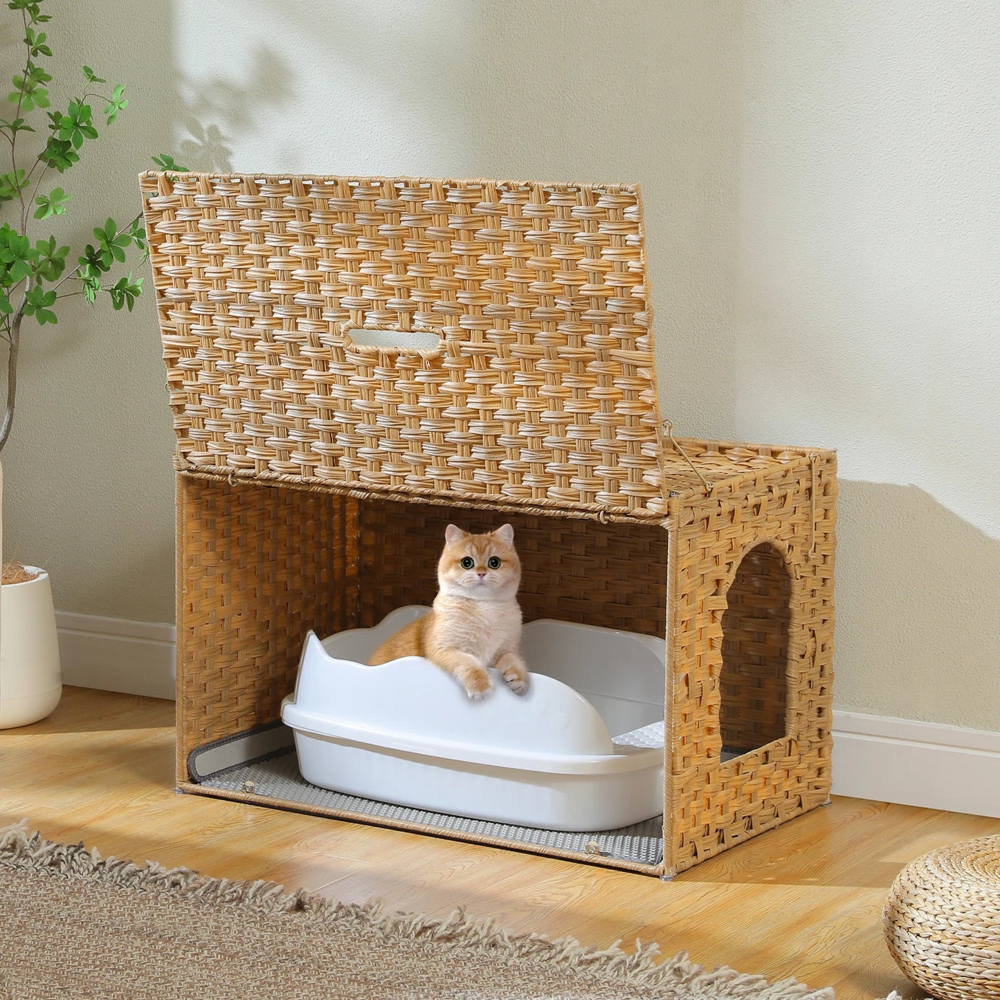 Rattan Cat Litter Box Enclosure Furniture with Door, Handwoven Rattan Hidden Litter Box Living Room Odor Control, Cat House Bed