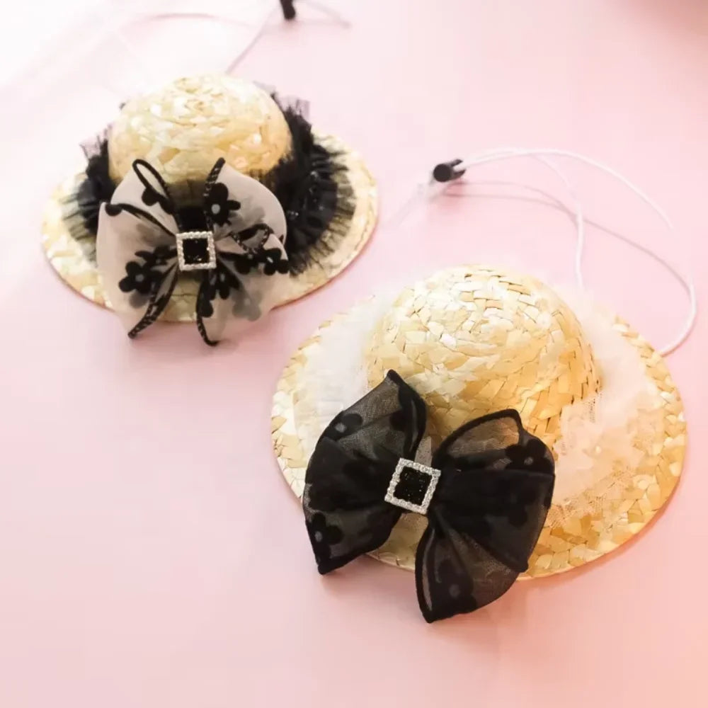 Ins  Dog Hat Pet Clothes Accessories Weave Lace  Sunshade Cute Pet Straw Hat  High   Provide Dog step Corbata para mascotas Ties