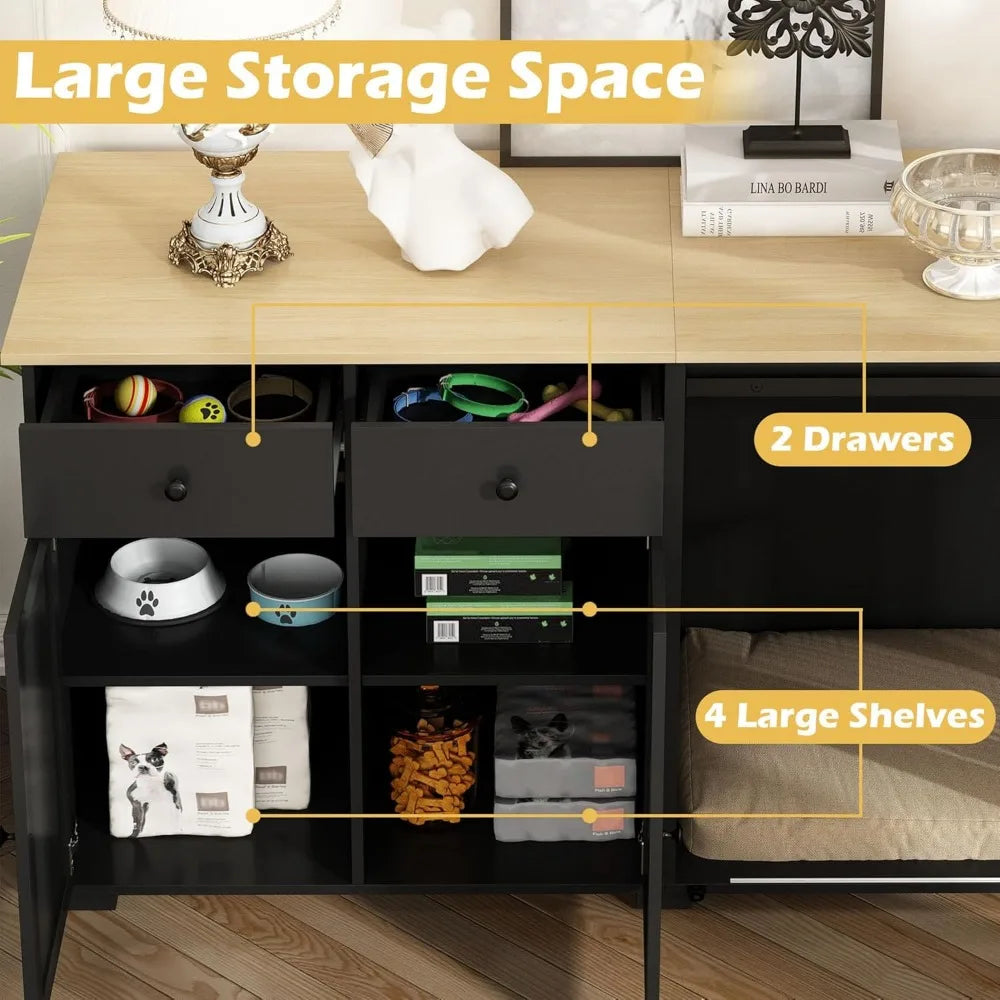 large dog crate funiture with drawers, 78.7" luxury wooden heavy duty dog kennel table furniture with sliding door, indoor dog h