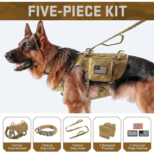 Tactical Dog Harness Large Breeds No Pull Military Collar Bungee Leash Set with MOLLE Backpack Outdoor Training