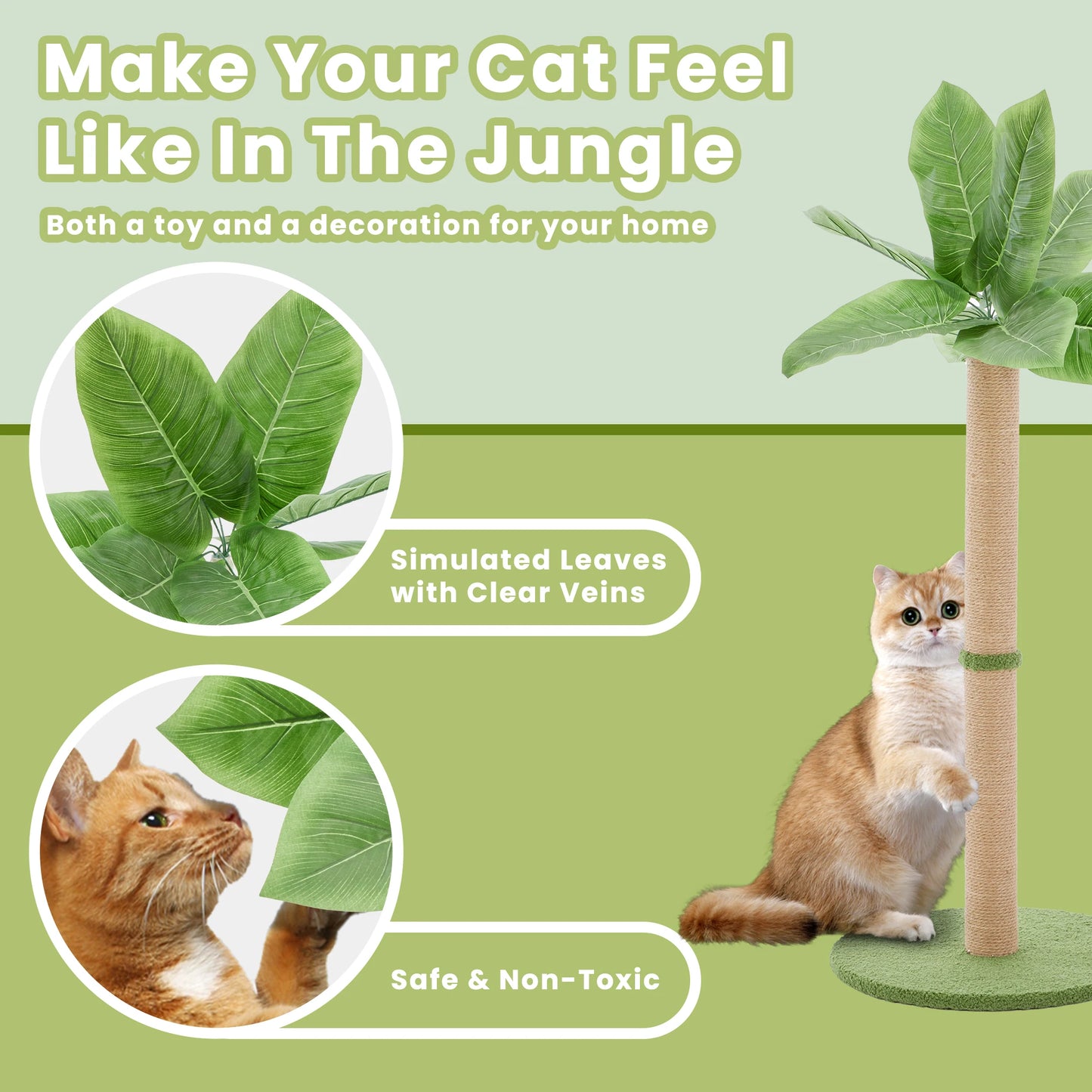 JHK 33In Tall Cat Scratching Post with Dangling Ball for Indoor Cats Palm Tree Cat Scratch Post for Kittens with Sisal Post Gree