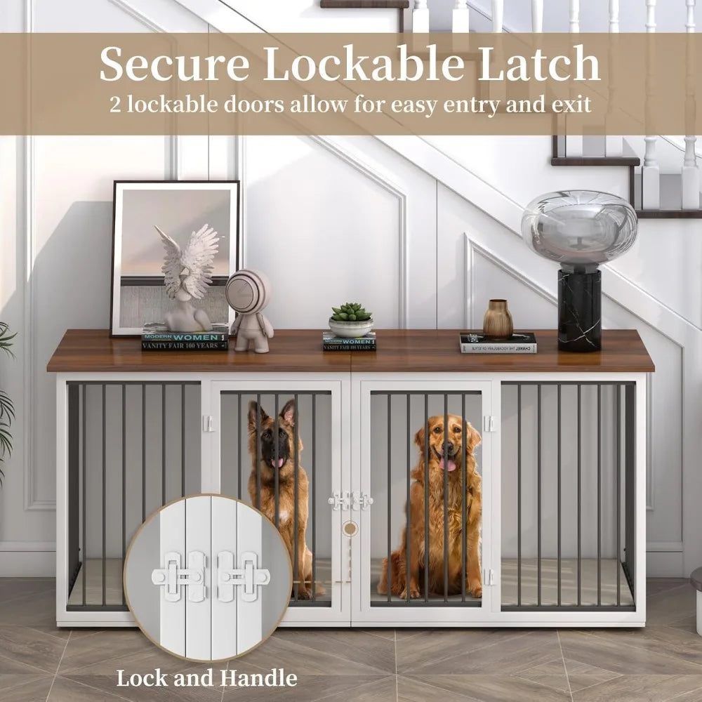 Large Dog Crate Furniture for 2 Dogs, 71.6'' Steel Frame Dog Crate with Double Doors, Heavy Sturdy Dog Kennel for Small Medium L