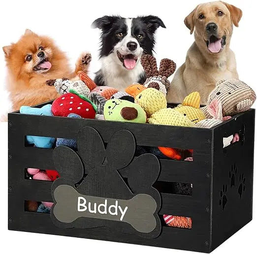 Large Dog Toy Basket Wood Dog Toy Bin Storage Baskets Box with Handles and Label Position Design Large Organizer with Paw Patter