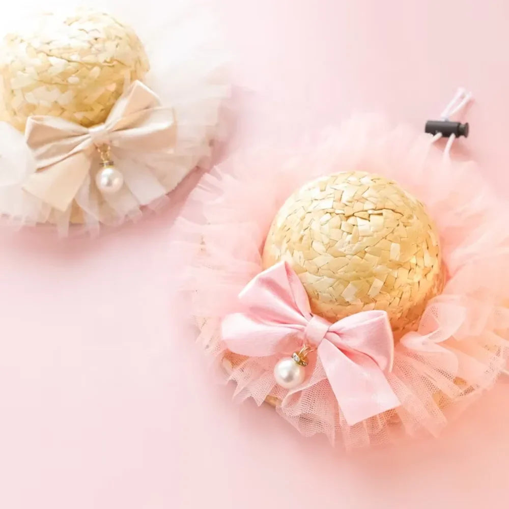 Ins  Dog Hat Pet Clothes Accessories Weave Lace  Sunshade Cute Pet Straw Hat  High   Provide Dog step Corbata para mascotas Ties
