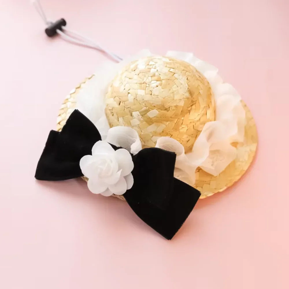 Ins  Dog Hat Pet Clothes Accessories Weave Lace  Sunshade Cute Pet Straw Hat  High   Provide Dog step Corbata para mascotas Ties