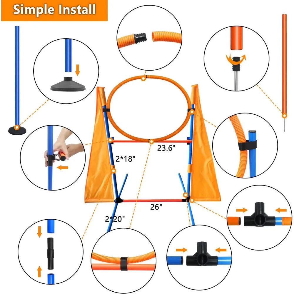 Dog Agility Training Equipment Set Outdoor Indoor Game, Tire Jump + Hurdle Jump, Tunnel, Weave Poles, Pause, 2 Toy Balls, 2 Disc