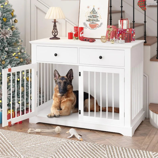 Masterpiece Dog Crate Furniture, 44 Inch Wooden Dog Kennel Indoor With 2 Storage Drawers, Heavy Duty Large Crate Furniture, Dec