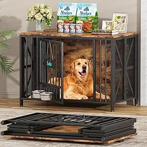 foldable large dog crate furniture, 41.3" assembly-free dog crates for large dogs, wooden dog kennel indoor with tag & dog bowl
