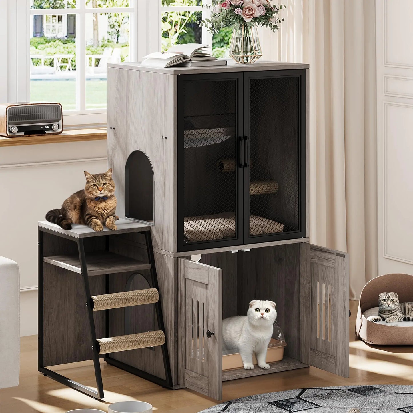Multifunctional Cat Litter Box Furniture Enclosed With Doors Storage Sisal Ladder Playhouse Odor Control Easy Clean
