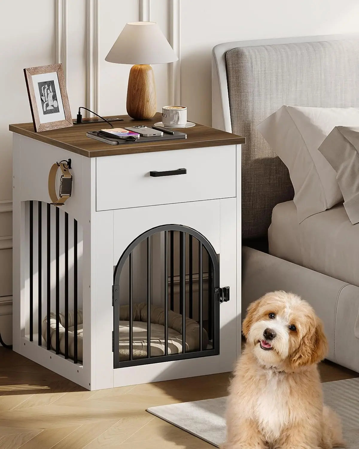 Wooden Dog Crate Furniture with Charging Station & Storage Drawer, White/Walnut, Indoor Pet Crate End Table for Small Breeds