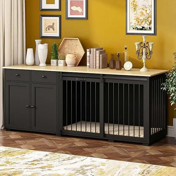 large dog crate funiture with drawers, 78.7" luxury wooden heavy duty dog kennel table furniture with sliding door, indoor dog h