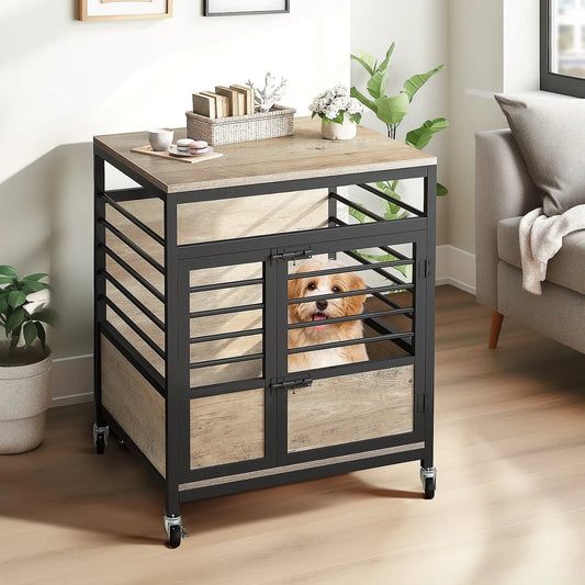 Wooden Dog Crate Furniture with Wheels Indoor Dog House Small Medium Dogs Durable Chew-Proof Design Easy Assembly