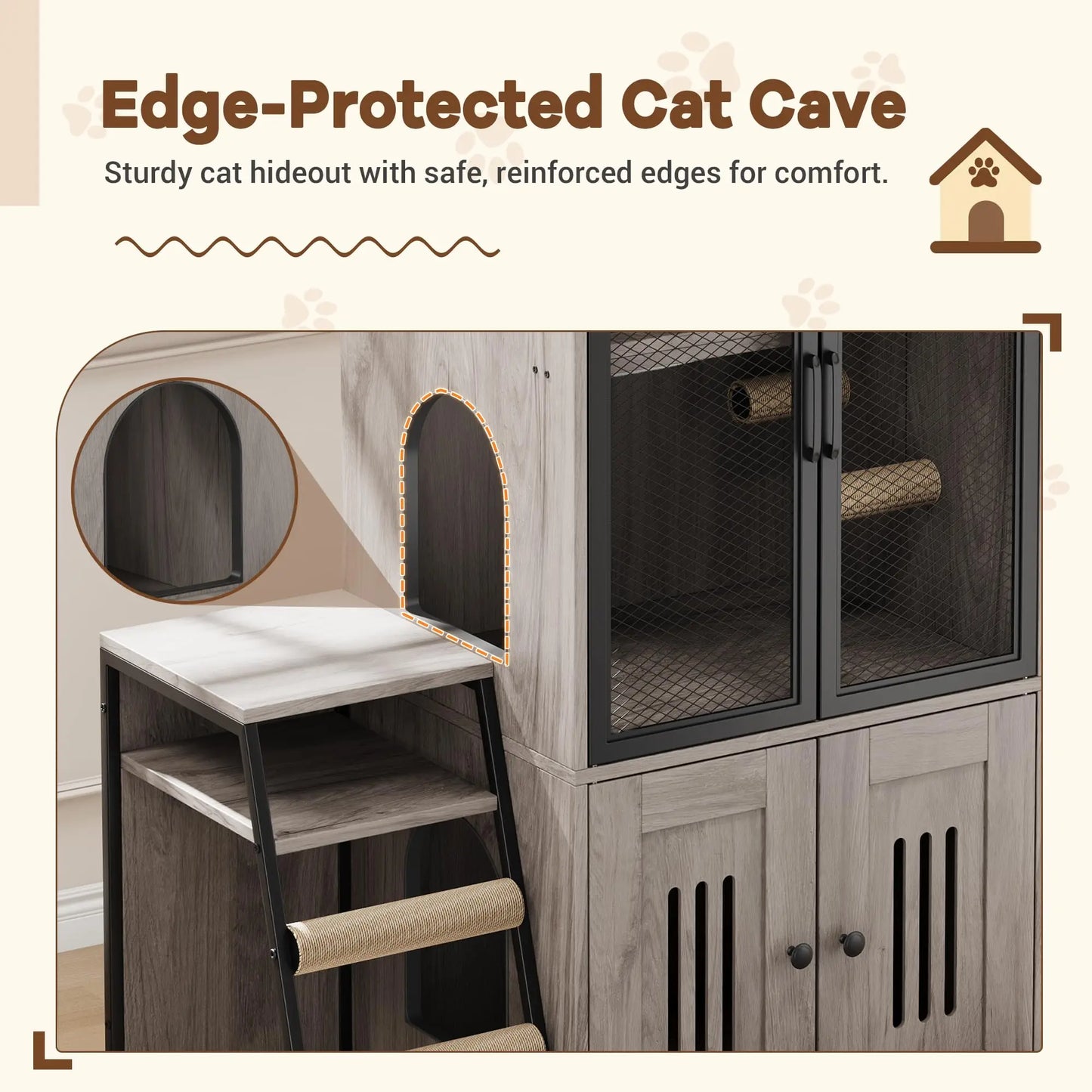 Multifunctional Cat Litter Box Furniture Enclosed With Doors Storage Sisal Ladder Playhouse Odor Control Easy Clean