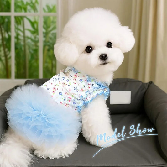 Floral Dog Cat Dress with Tutu Skirt Breathable Stretch Pet Clothes for Small Dogs Girl Cats Puppies Birthday Party Outfit in B