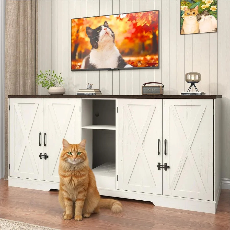 76 Inch Large Cat Litter Box Enclosure Designed for Two Cats with Integrated Power Outlets Double Wooden Pet Washroom Furniture