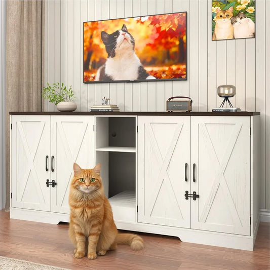 76 Inch Large Cat Litter Box Enclosure Designed for Two Cats with Integrated Power Outlets Double Wooden Pet Washroom Furniture