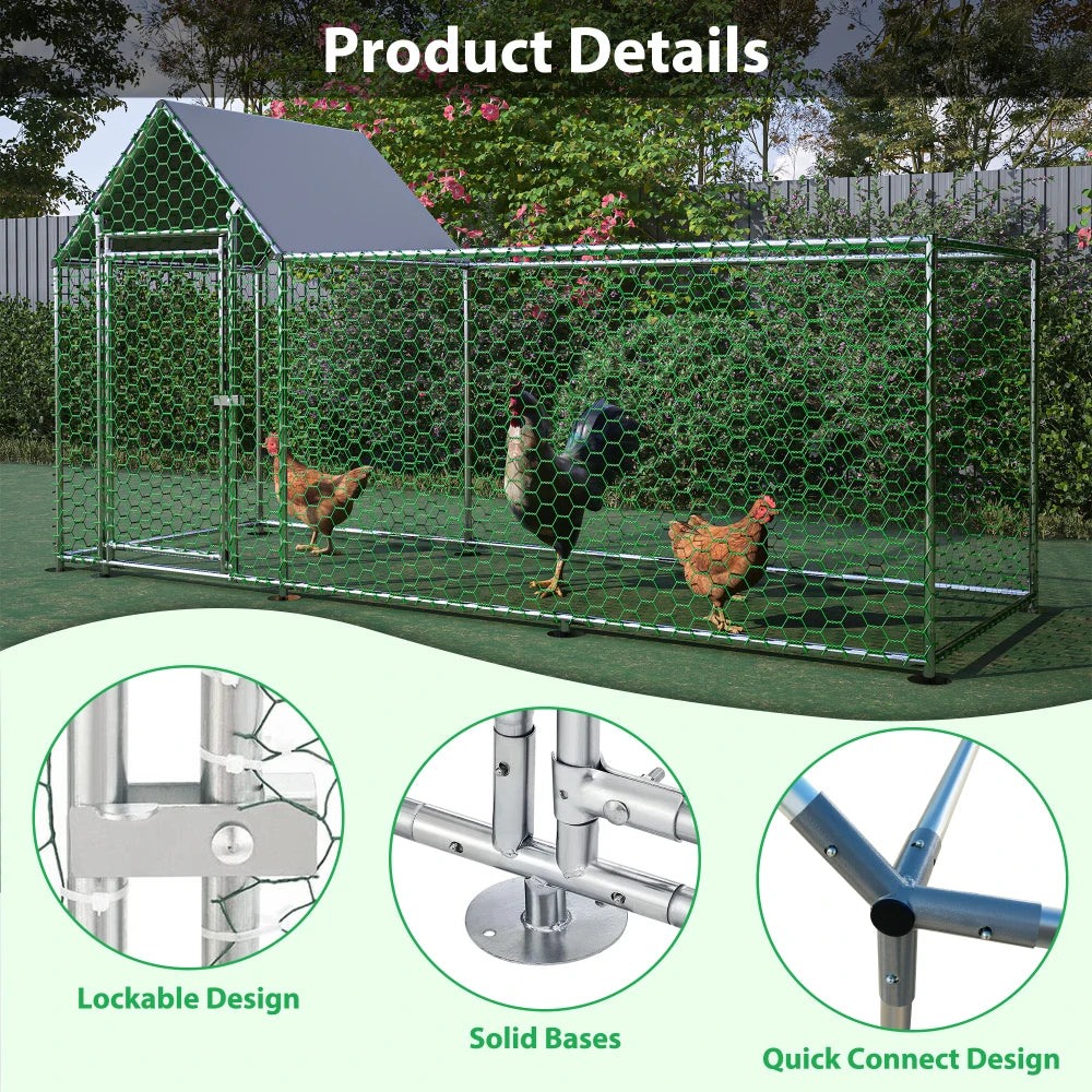 10x3FT Metal Chicken Coop Run Backyard Hen House Poultry Habitat Cage Play Pen Heavy Duty Dog Exercise Fence for Dog Cat Rabbit