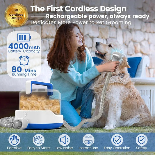 Rechargeable Dog Vacuum for Shedding Grooming, 4000mAh Cordless Dog Grooming Kit with 4 Tools, 3L Dust Cup
