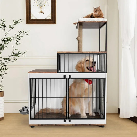 Dog Crate Large Furniture Kennel XL, with Cat Scratching Post Resting Platform, 2 Food Bowl, 2 in 1 Wooden Pet Cage House