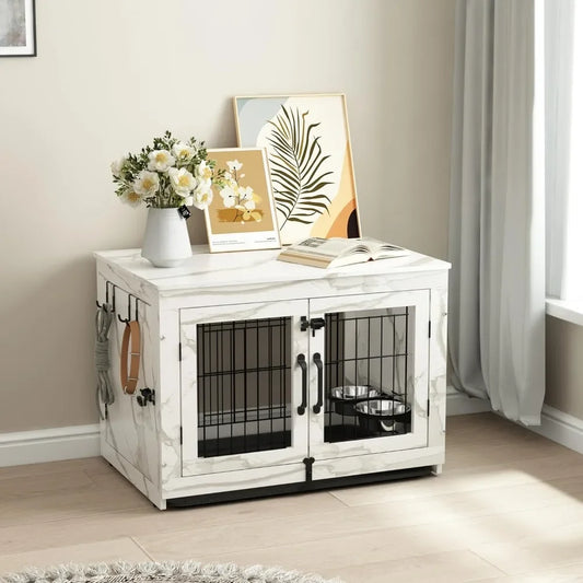 Wooden Dog Crate Furniture with 360°Rotatable Removable Dogs Bowls, Dogs Crate with Tray, Double Doors Doges Kennels for Dog
