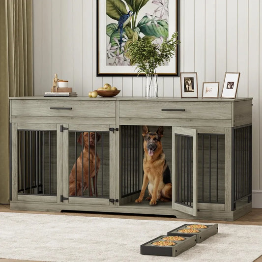72" Dog Crate Furniture for 2 Dogs, Large Dog Kennel Furniture with 2 Storage Drawer and Removable Divider, Wooden Dog Cage