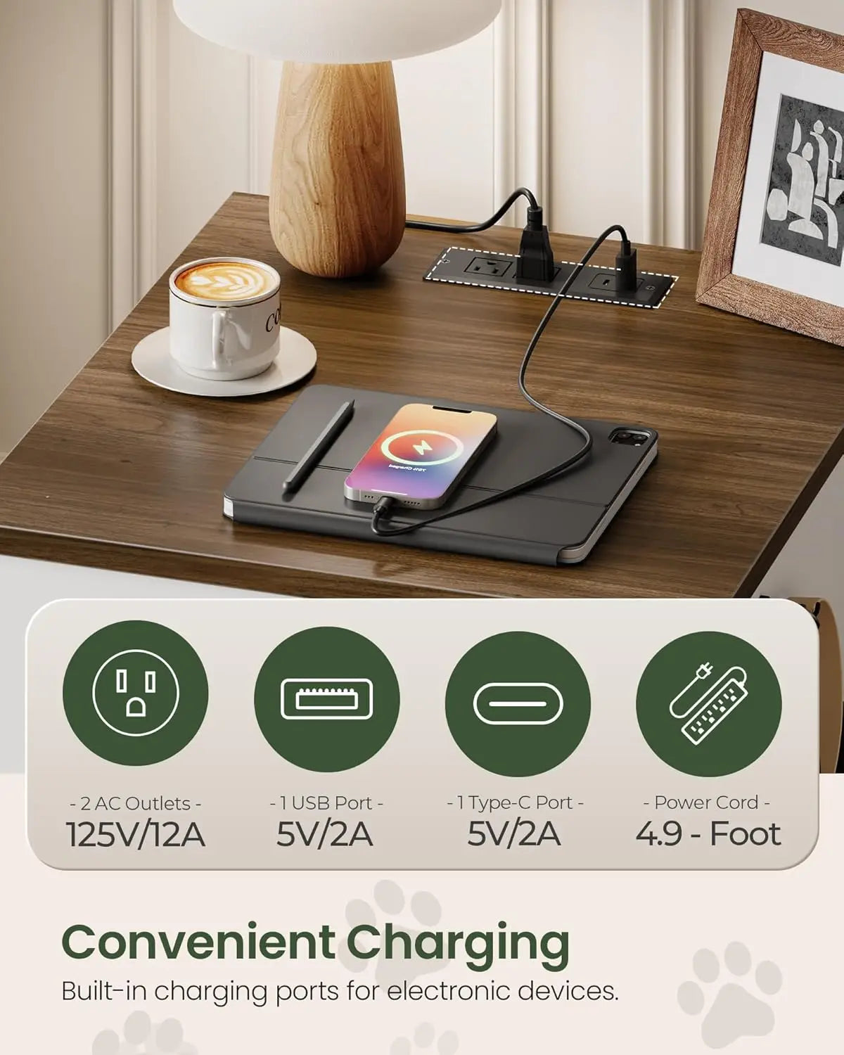 Wooden Dog Crate Furniture with Charging Station & Storage Drawer, White/Walnut, Indoor Pet Crate End Table for Small Breeds