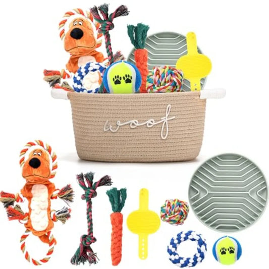 Puppy Gift Basket Starter Kit with Dog Toys Set Chew Toys Teething Interactive Squeaky Plush Storage Basket for Doggie Birthday