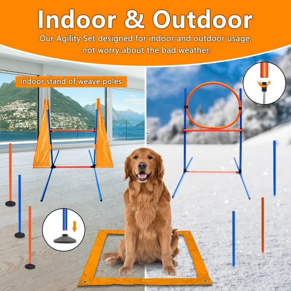 Dog Agility Training Equipment Set Outdoor Indoor Game, Tire Jump + Hurdle Jump, Tunnel, Weave Poles, Pause, 2 Toy Balls, 2 Disc