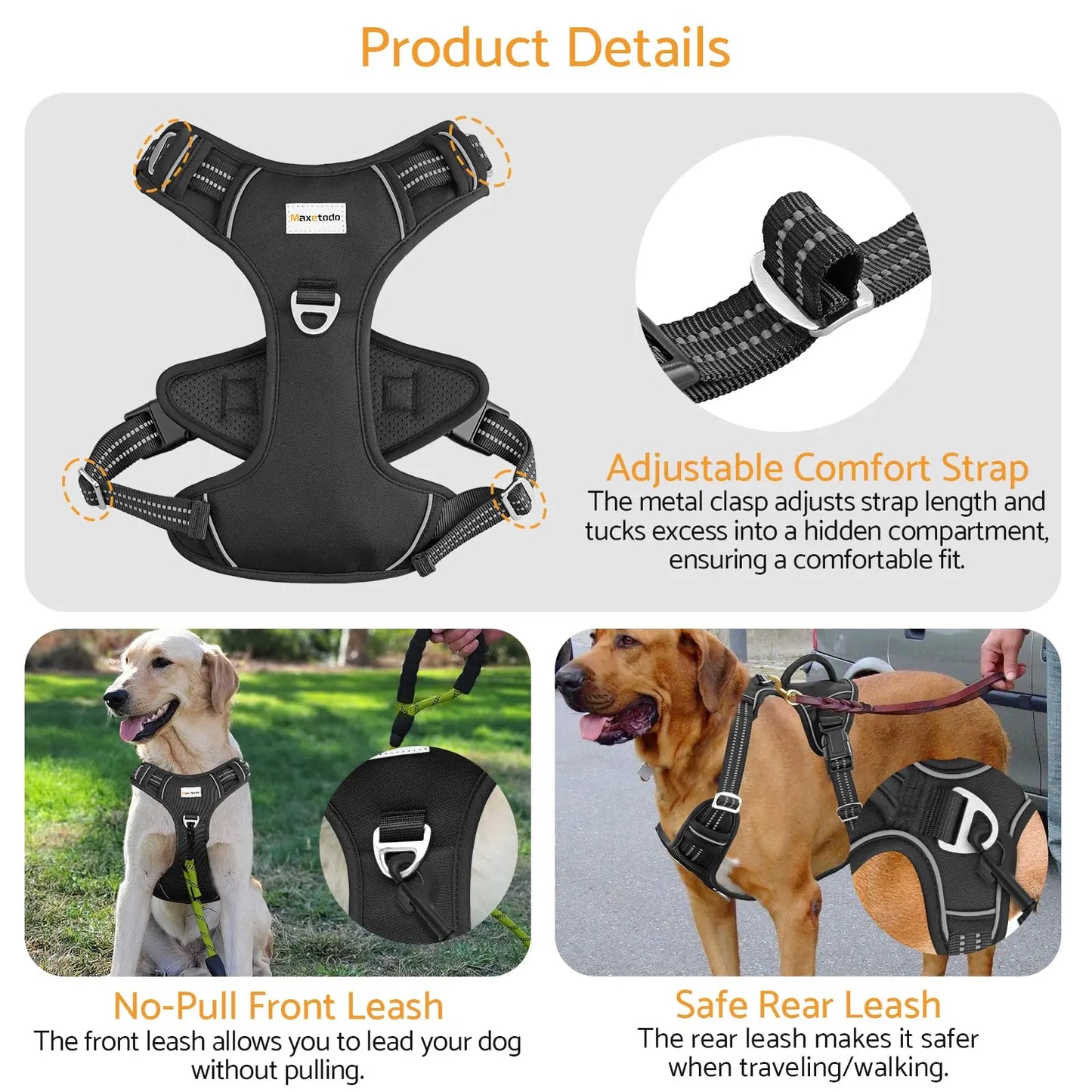 No-Pull Adjustable Dog Harness for Large Dogs 2 Leash Clips,Reflective,No-Choke,Soft Padded Vest with Breathable Mesh