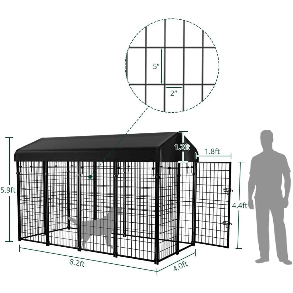 dog kennel outside with roof, 8'x6'x4' outdoor dog kennels for large dogs, heavty duty welded dog crate playpen with uv-resistan