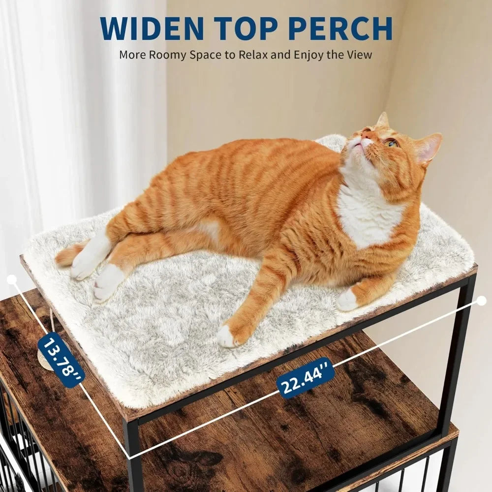 Dog Crate Large Furniture Kennel XL, with Cat Scratching Post Resting Platform, 2 Food Bowl, 2 in 1 Wooden Pet Cage House