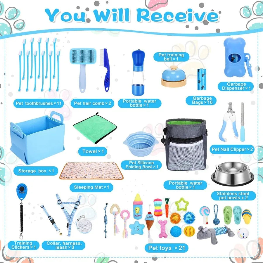 65 Pcs Puppy Supplies Starter Kit Small Dog Essentials Includes Dog Leash Toys Bowl Brushes Water Bottles Pet Blankets Puppy Ac