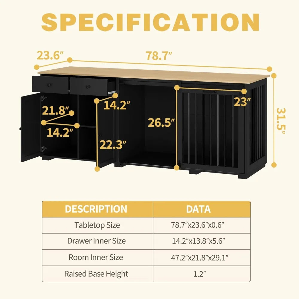 large dog crate funiture with drawers, 78.7" luxury wooden heavy duty dog kennel table furniture with sliding door, indoor dog h