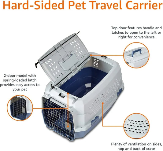Basics 2-Door Top-Load Hard-Sided Dogs, Cats Pet Travel Carrier, Gray & Blue