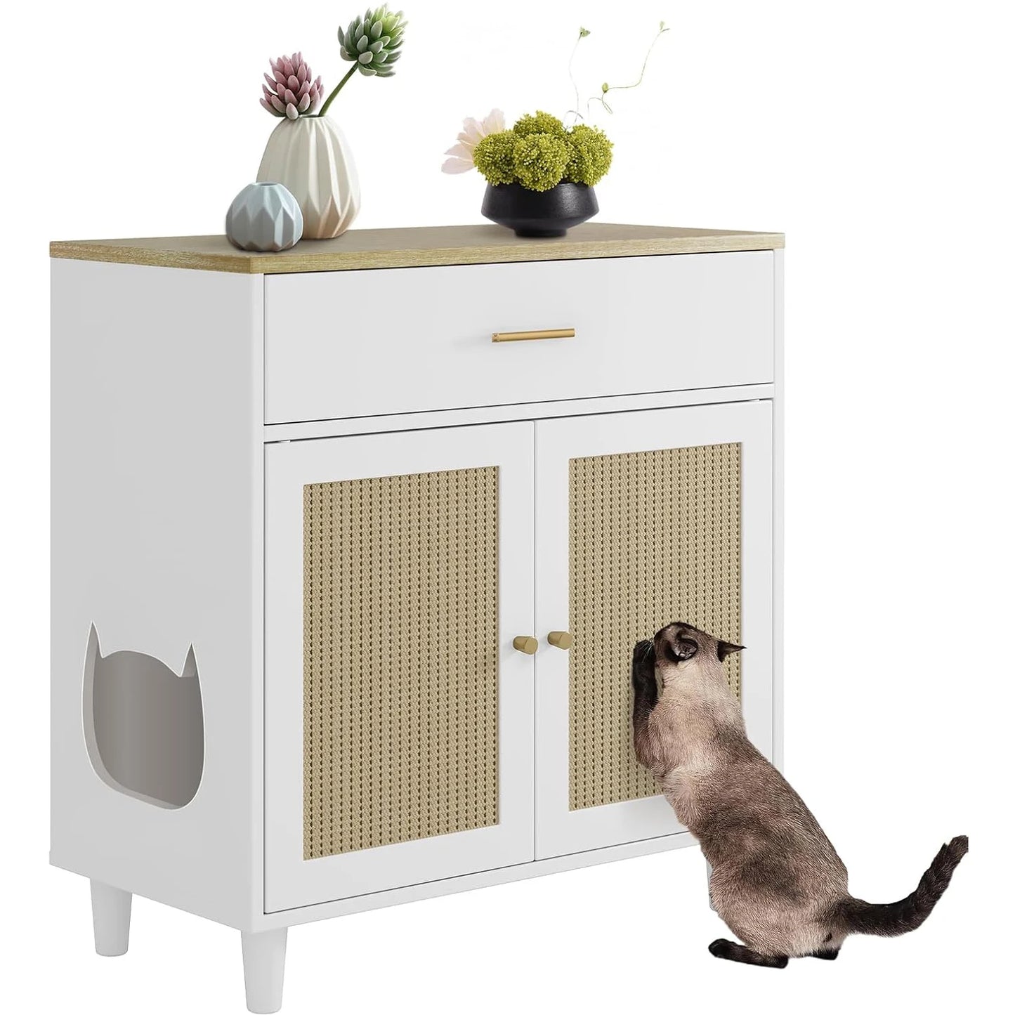 Hidden Cat Litter Box Enclosure Wooden Corner Cabinet Large Storage Drawer & Sisal Scratching Doors Cat Washroom Side Table