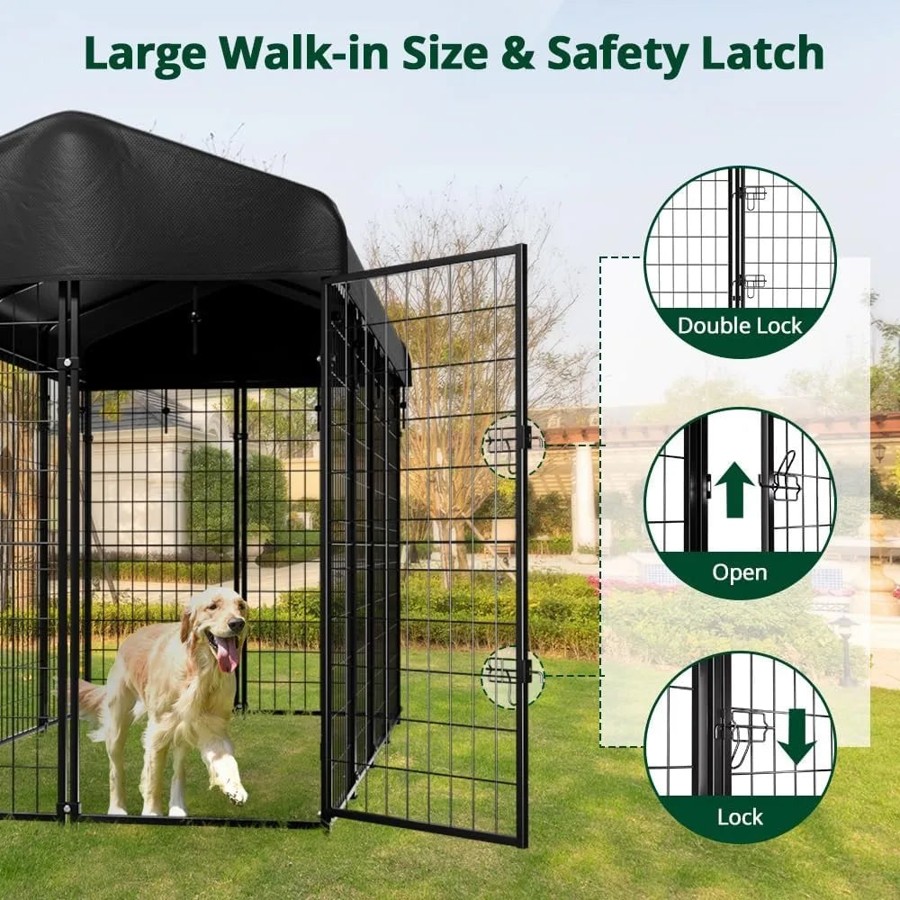 dog kennel outside with roof, 8'x6'x4' outdoor dog kennels for large dogs, heavty duty welded dog crate playpen with uv-resistan