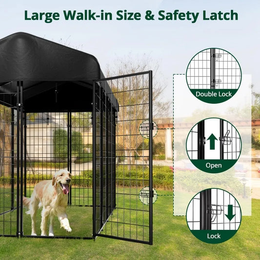 dog kennel outside with roof, 8'x6'x4' outdoor dog kennels for large dogs, heavty duty welded dog crate playpen with uv-resistan
