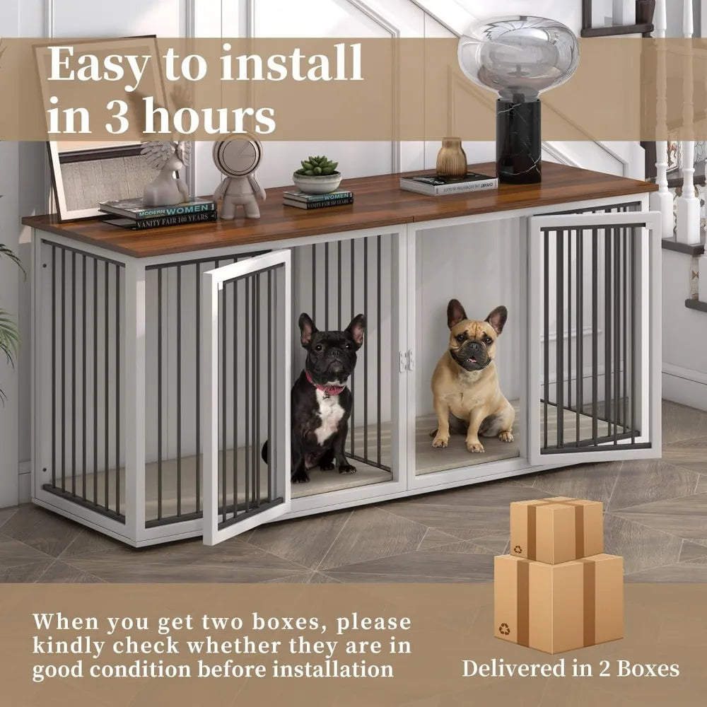 Large Dog Crate Furniture for 2 Dogs, 71.6'' Steel Frame Dog Crate with Double Doors, Heavy Sturdy Dog Kennel for Small Medium L